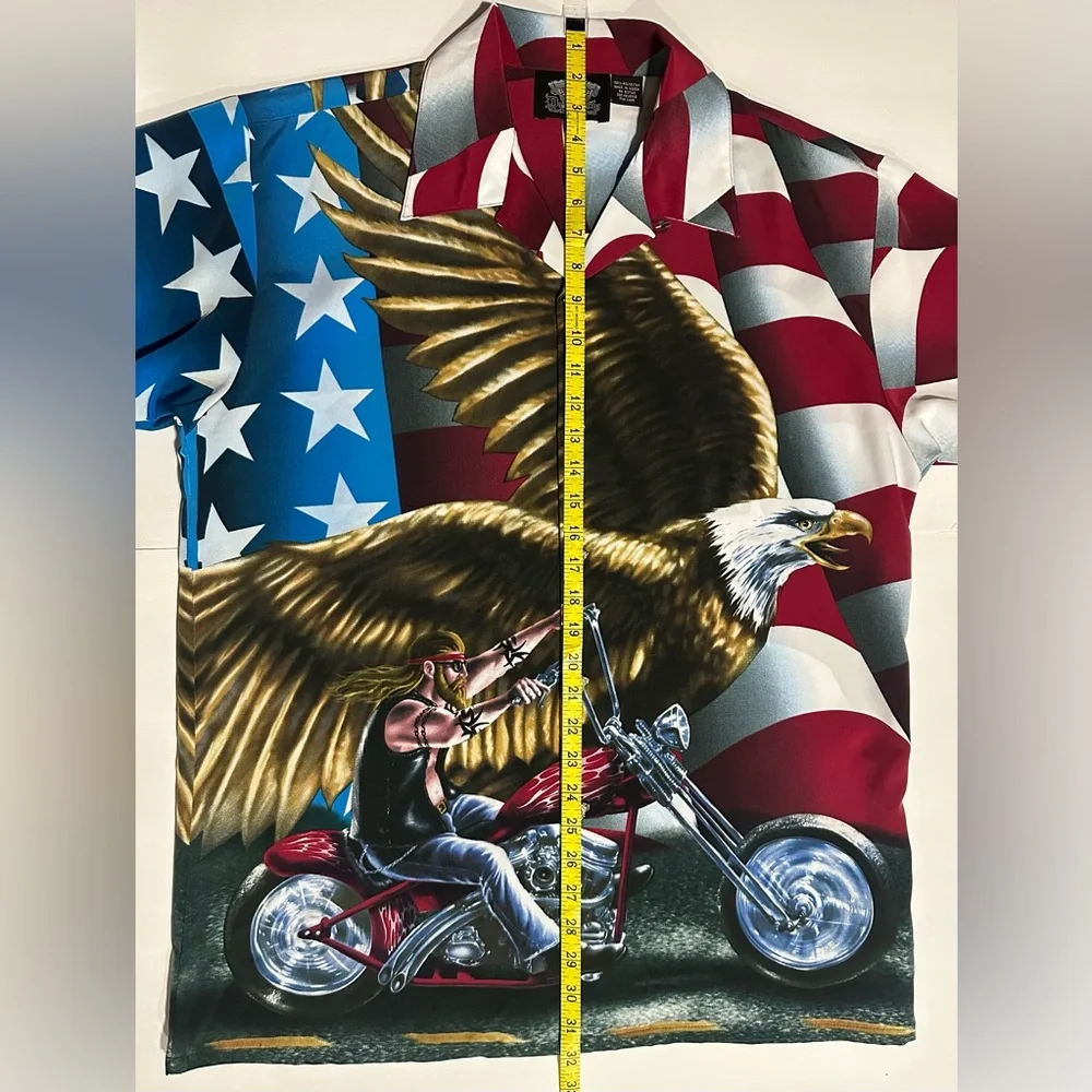 Y2K Dragonfly Eagle, Biker, Motorcycle, and American Flag Button Up Shirt - Picture 5 of 9